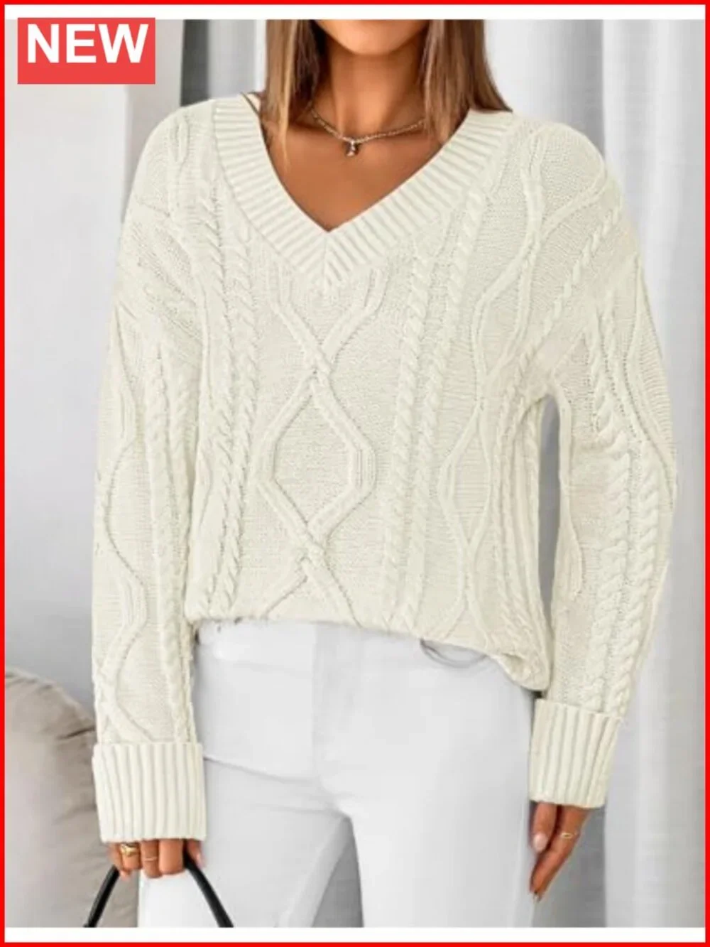 Cable Knit V-Neck Oversized Sweater Long Sleeve Pullover